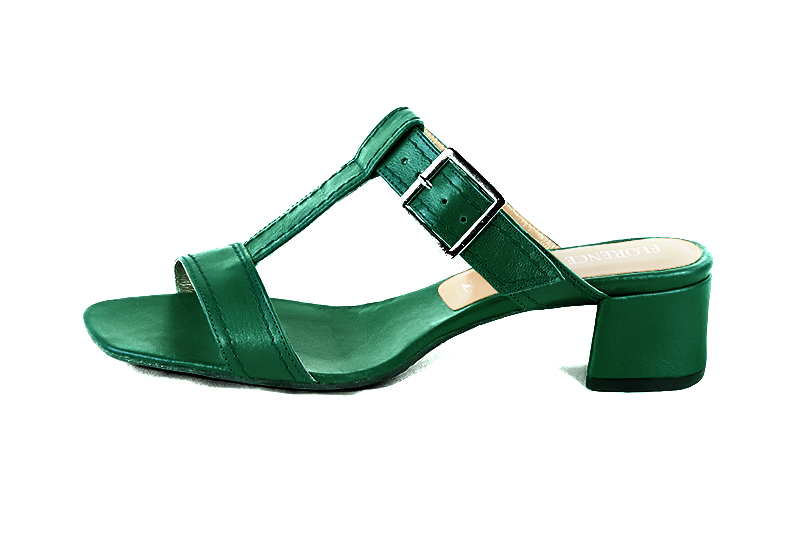 Emerald green women's fully open mule sandals. Square toe. Low flare heels. Profile view - Florence KOOIJMAN